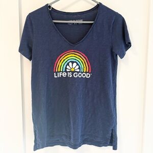 Life Is Good Rainbow Daisy Graphic V-Neck Tee XS